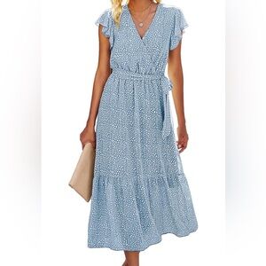 BTFBM Women Summer Bohemian Floral Casual Wrap V Neck Ruffle Cap Sleeveless Belt